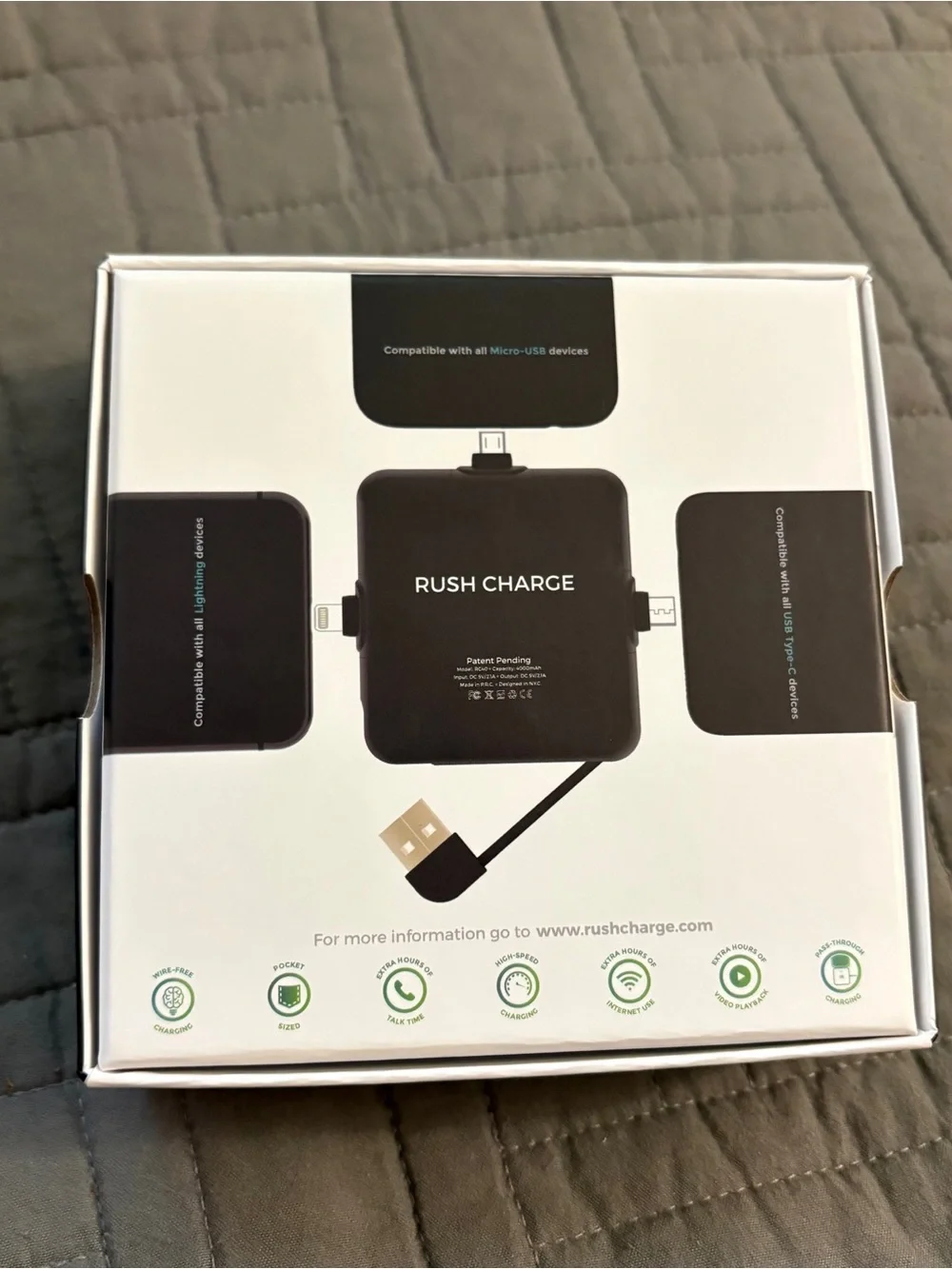 Rush Charge 4000mAh Portable Charger Power Bank - Black